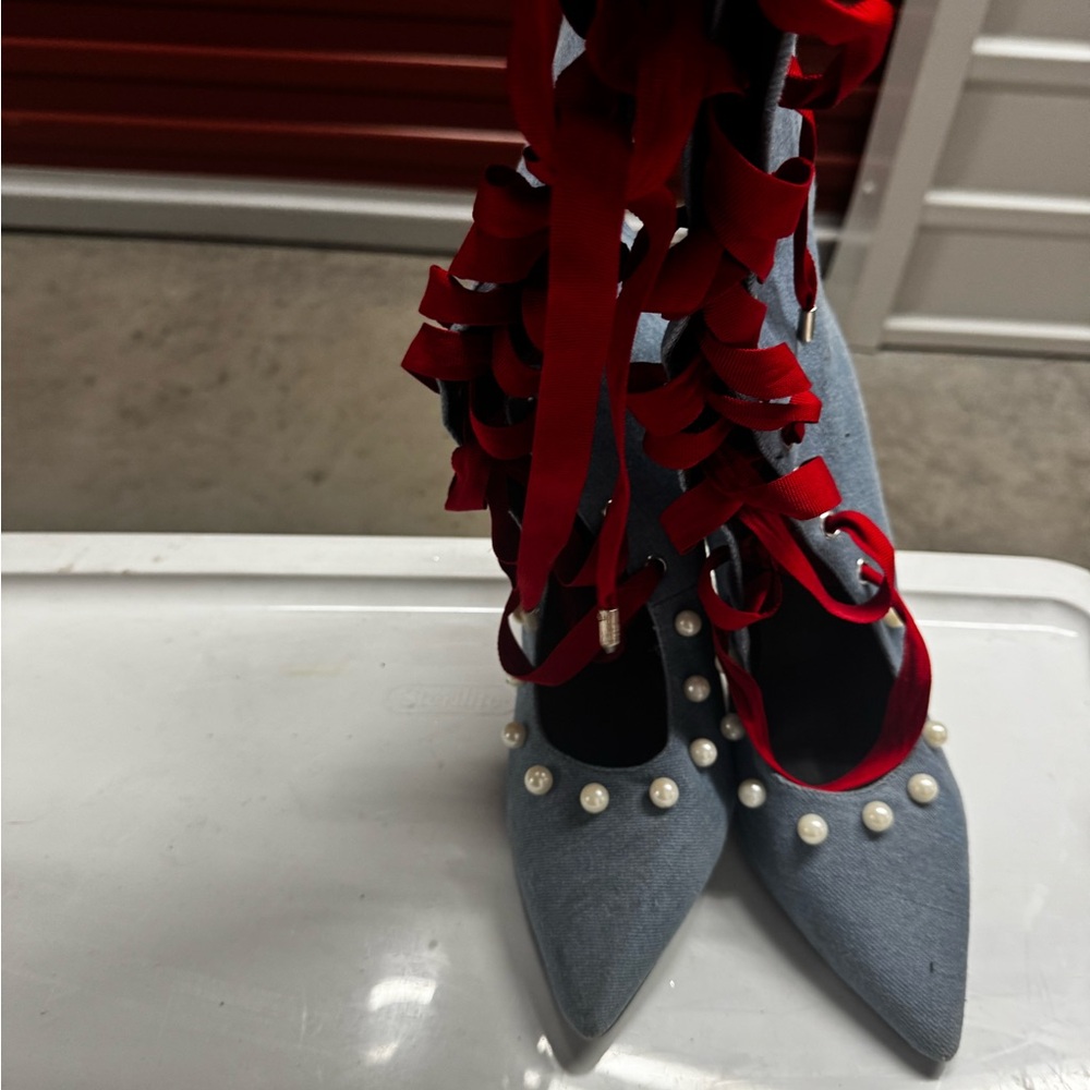 Elegant Blue and Red Women's Shoes with Pearl Accents
